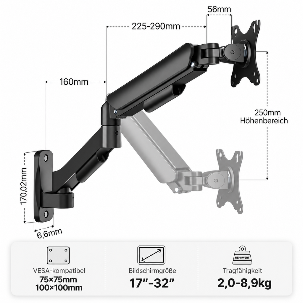 Monitor Wandhalterung für 1 Monitor 13-32" / 9kg, VESA 75/100