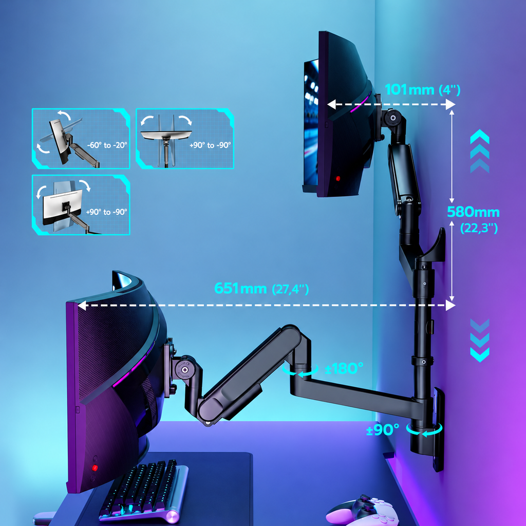 Dual monitor wall mount for 2 monitors 24-57" / 27kg per monitor, VESA 75/100/200