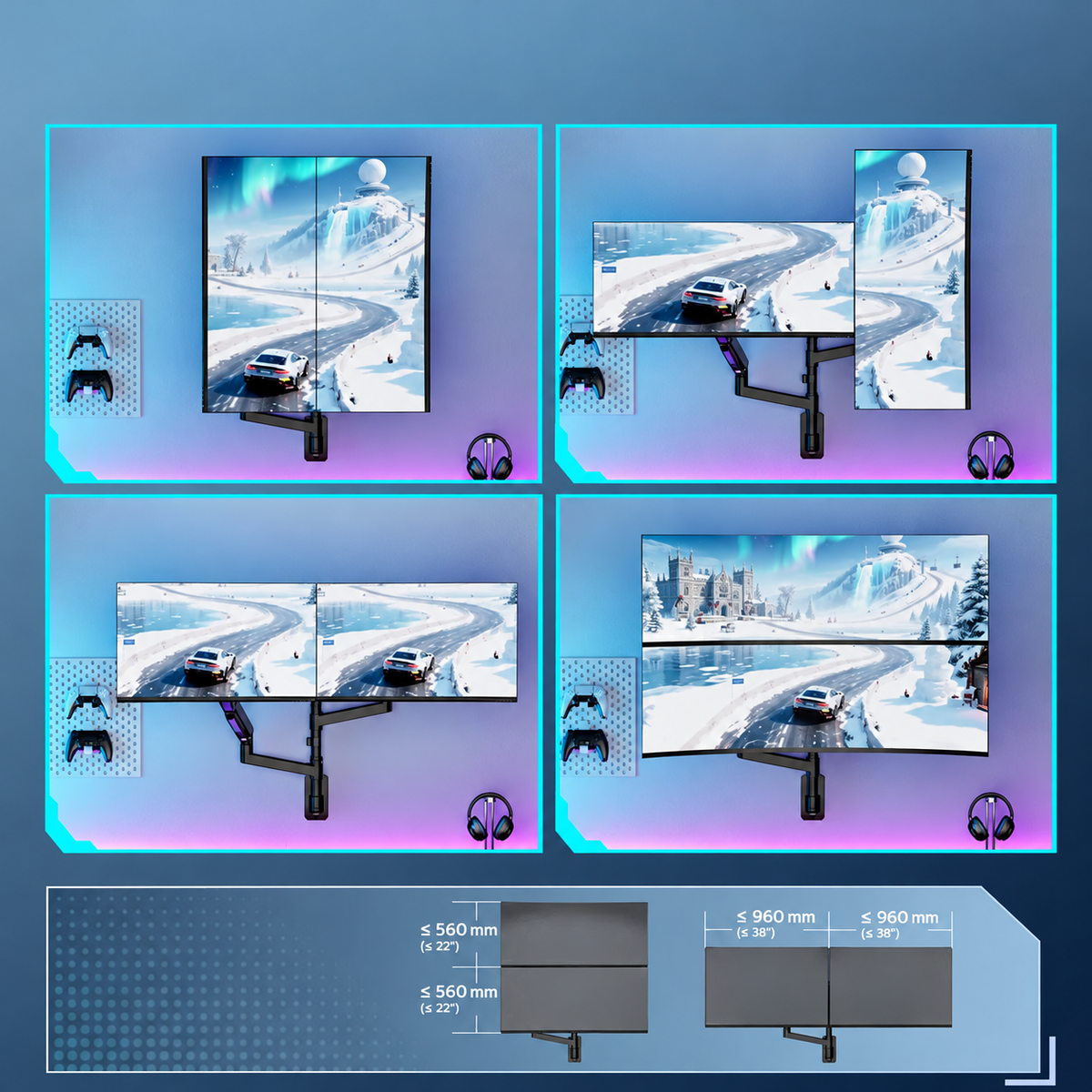 Dual Monitor Wandhalterung für 2 Monitore 24-57" / 27kg je Monitor, VESA 75/100/200