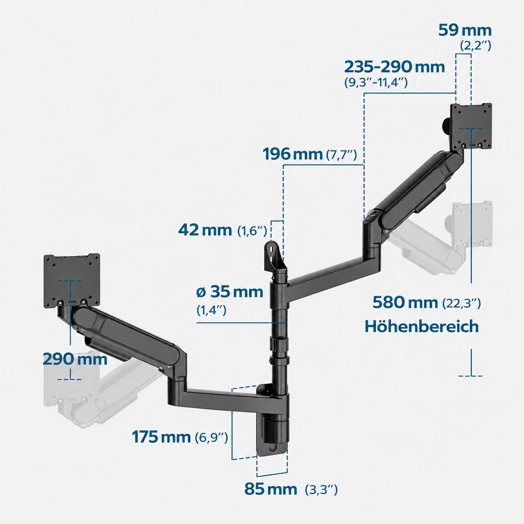 Dual monitor wall mount for 2 monitors 24-57" / 27kg per monitor, VESA 75/100/200