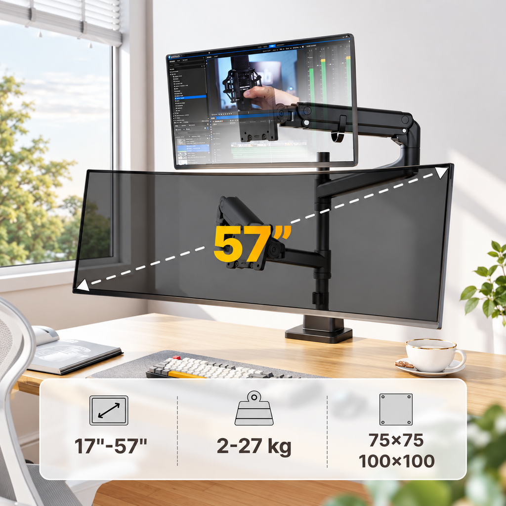 Monitor Halterung 2 Monitore mit Stange für 17–57" Monitore, bis 27 kg pro Arm, extreme Traglast, VESA 75/100
