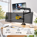 Monitor Halterung 2 Monitore mit Stange für 17–57" Monitore, bis 27 kg pro Arm, extreme Traglast, VESA 75/100