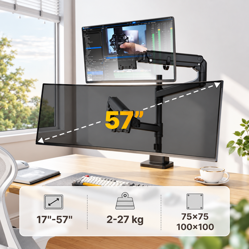 Monitor Halterung 2 Monitore mit Stange für 17–57" Monitore, bis 27 kg pro Arm, extreme Traglast, VESA 75/100