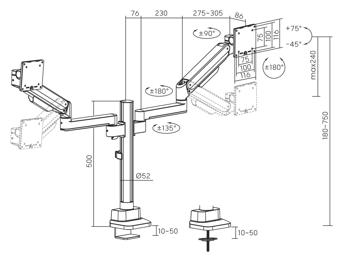 3IDEE® ONE Monitor Mount · 2 Monitors · Gas-Spring Assisted · with Pole