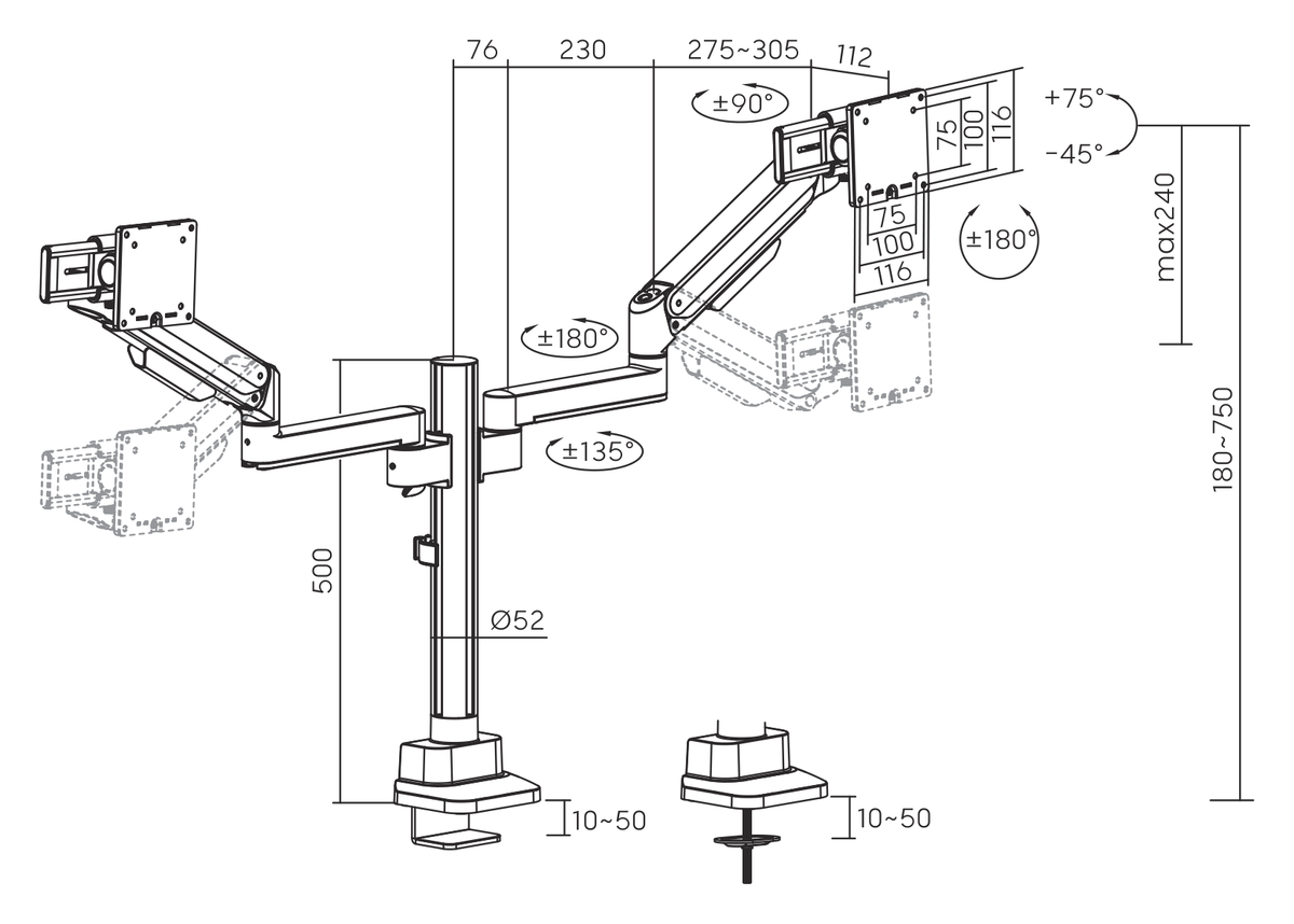 3IDEE® ONE Monitor Mount · 2 Monitors · spring-assisted, adjustable · with pole
