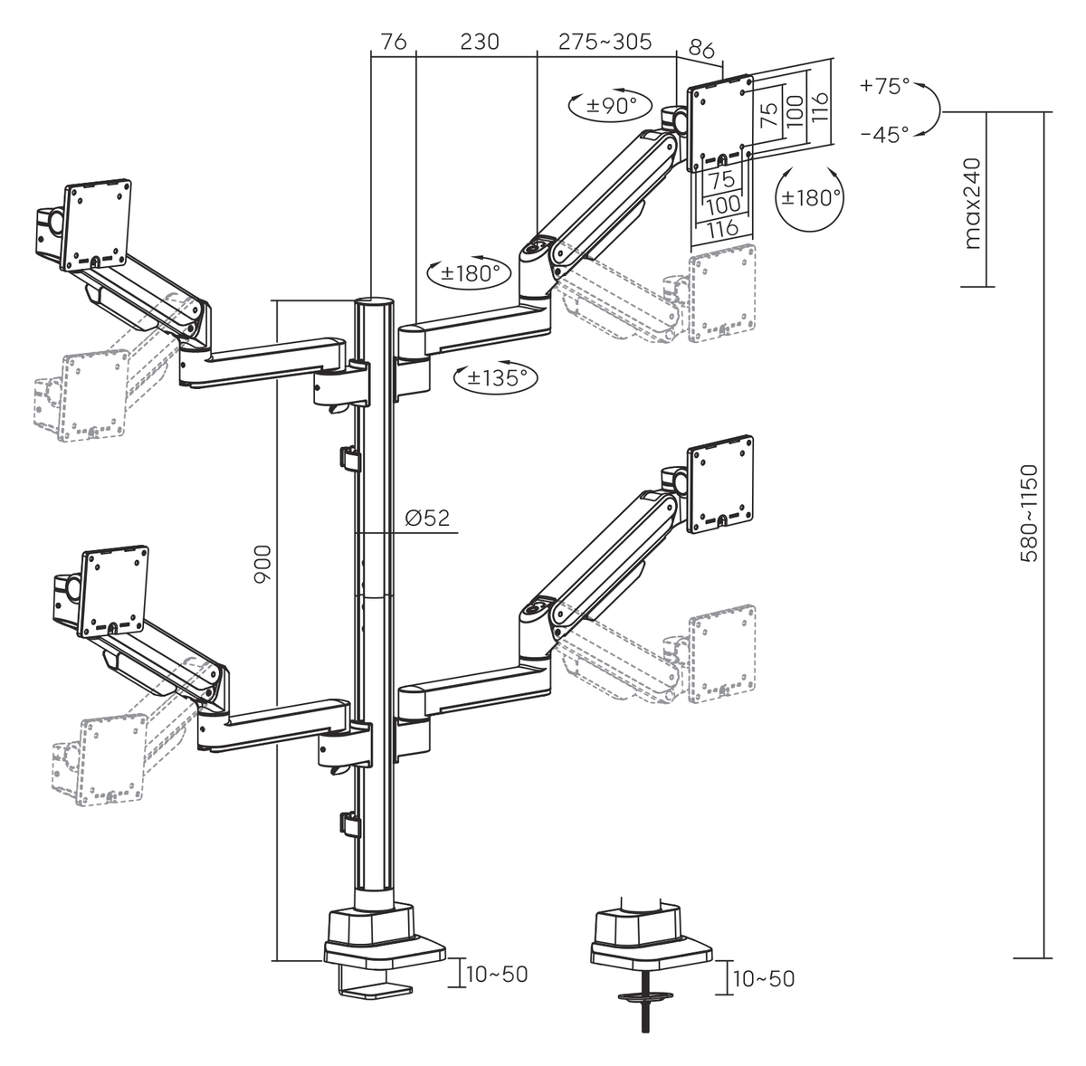 3IDEE® ONE Monitorhalterung · 4 Monitore · zwei über zwei · Stange verlängert