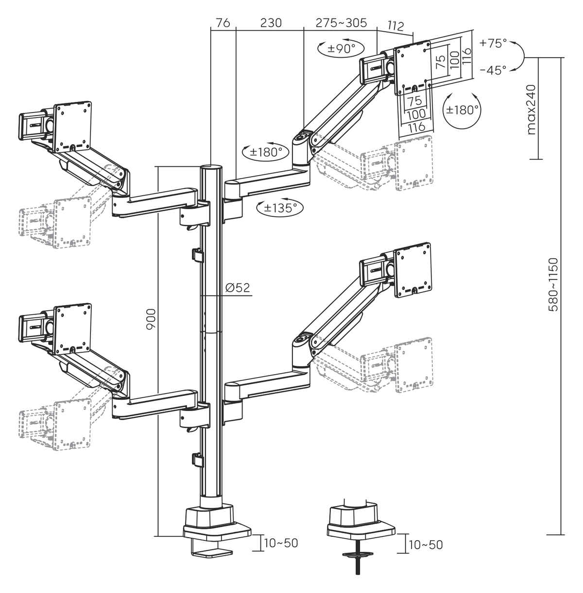 3IDEE® ONE Monitorhalterung · 4 Monitore · zwei über zwei, verschiebbar · Stange verlängert