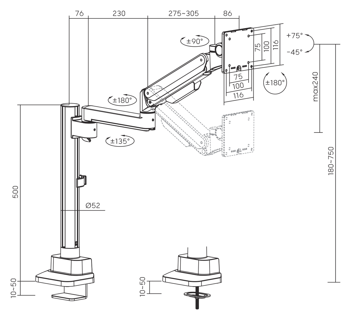 3IDEE® ONE Monitor Mount · 1 Monitor · gas spring assisted · with pole