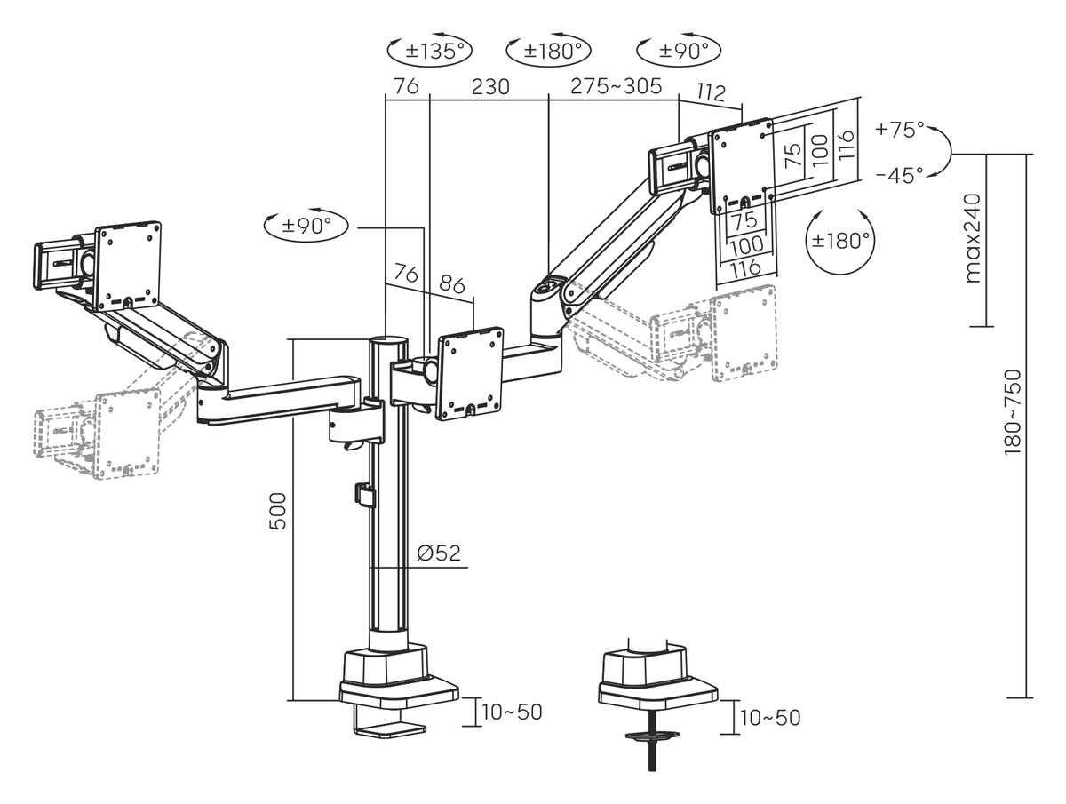 3IDEE® ONE Monitor Mount · 3 monitors · gas-spring assisted, adjustable · with pole