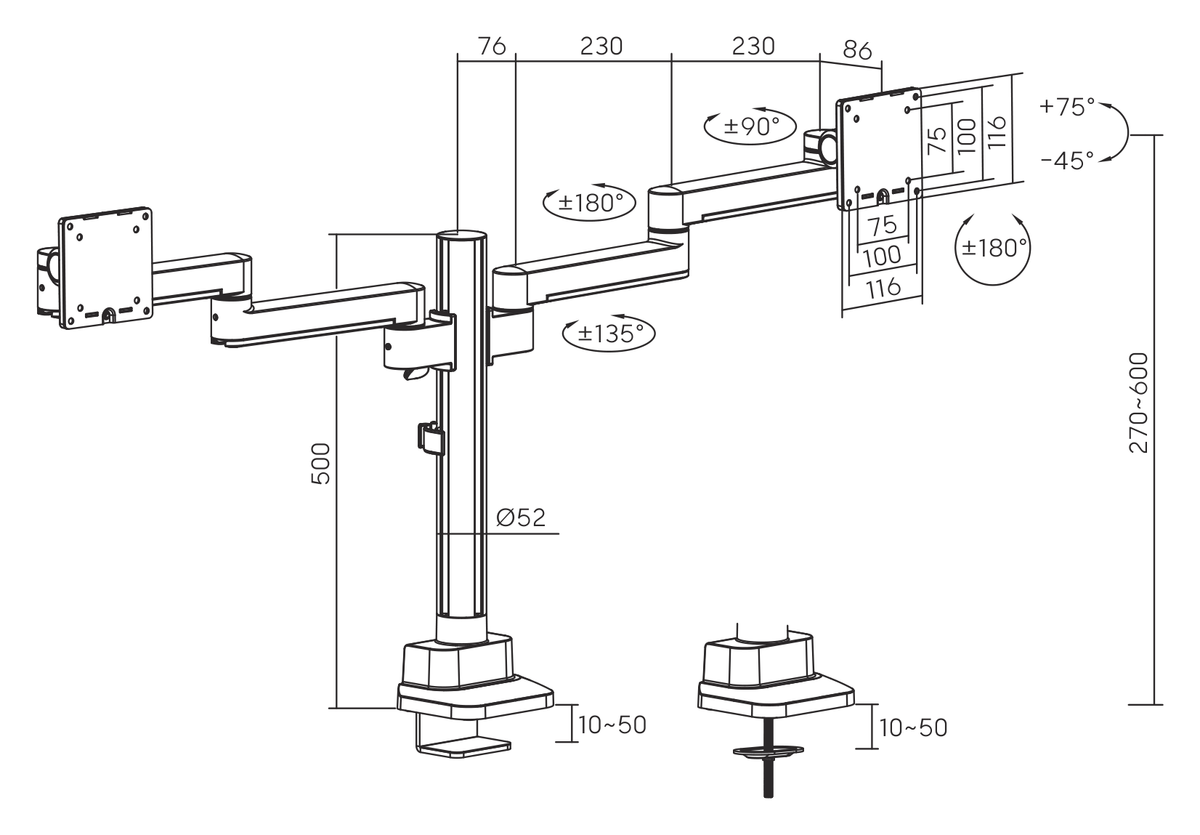 3IDEE® ONE Monitorhalterung · 2 Monitore · langer Arm · mit Stange