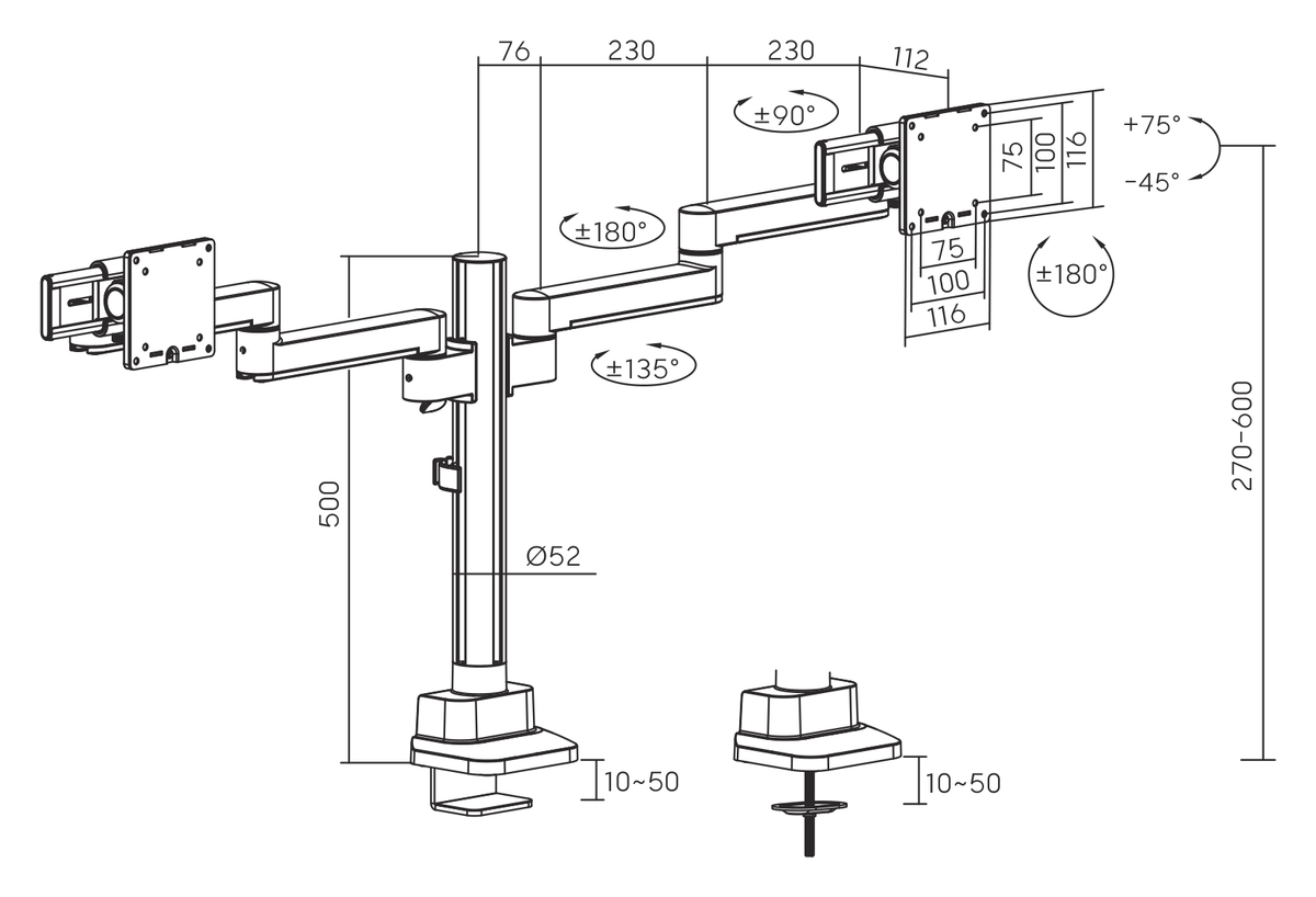 3IDEE® ONE Monitorhalterung · 2 Monitore · langer Arm, verschiebbar · mit Stange