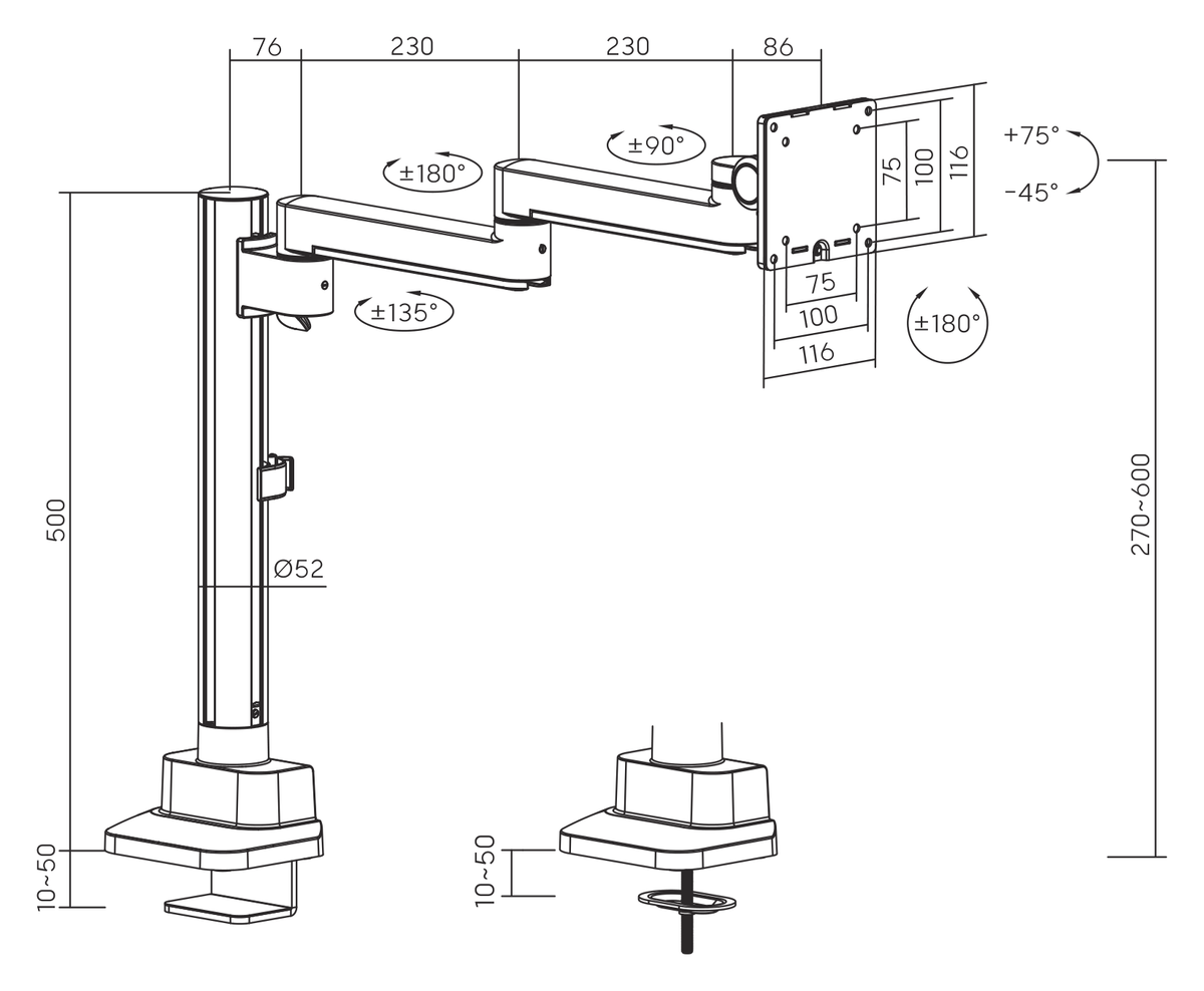 3IDEE® ONE Monitor Mount · 1 Monitor · long arm · with pole